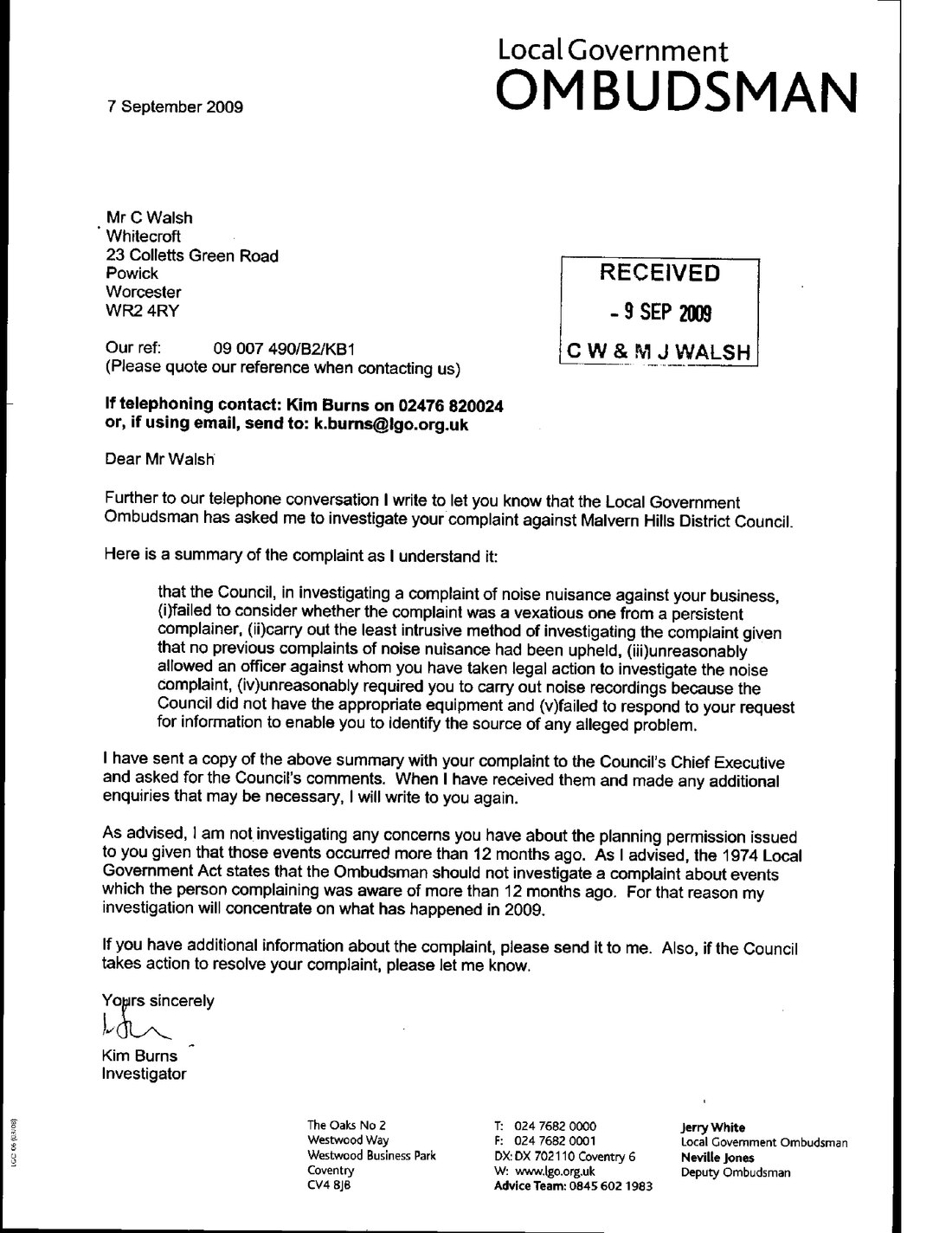 Letter from the Local Government Ombudsman, 7 September 2009
