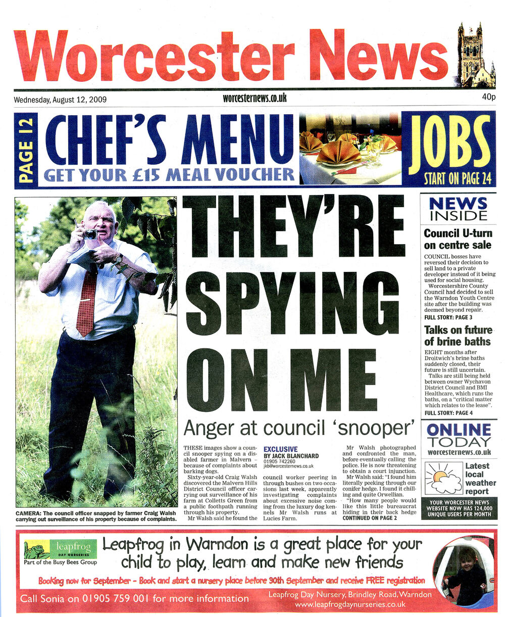 Front page of the Worcester News, 12 August 2009: THEY’RE SPYING ON ME