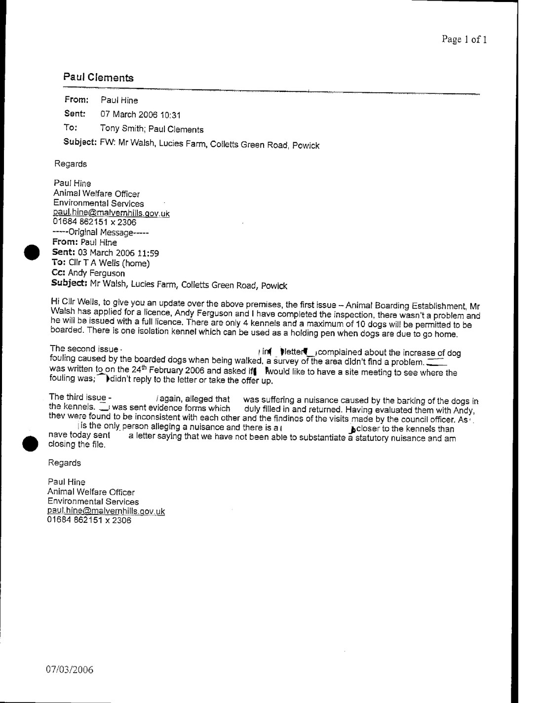 Email from Paul Hine of Malvern Hills District Council, 3 March 2006