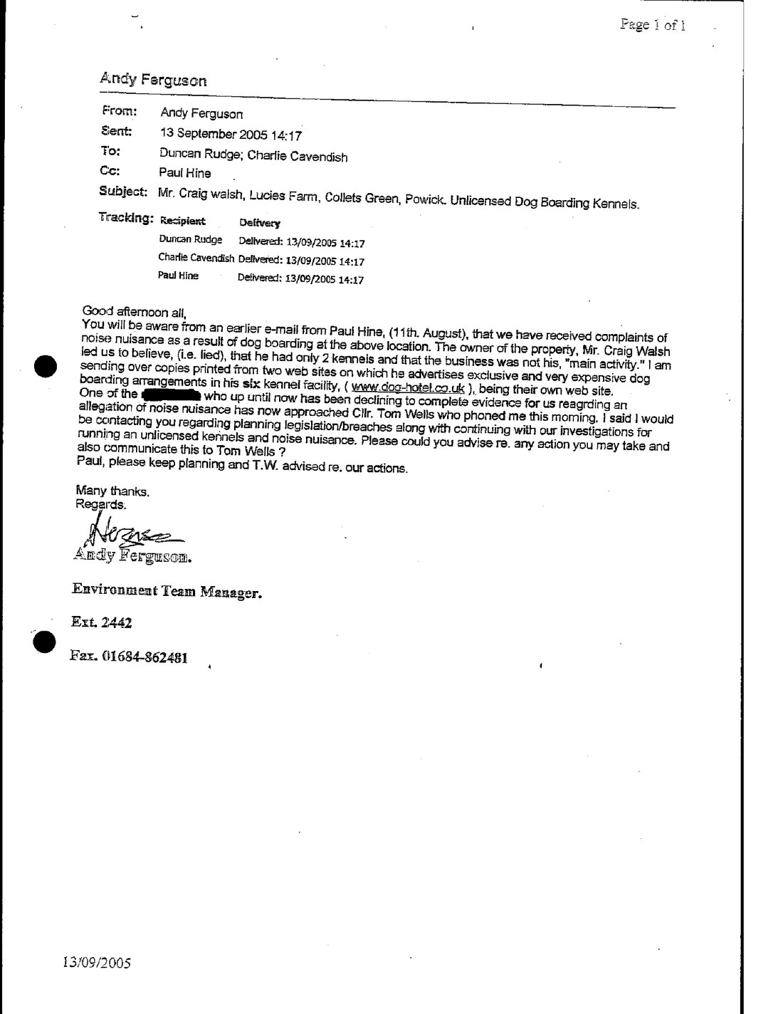 Internal email from Andy Ferguson of Malvern Hills District Council, 13 September 2005
