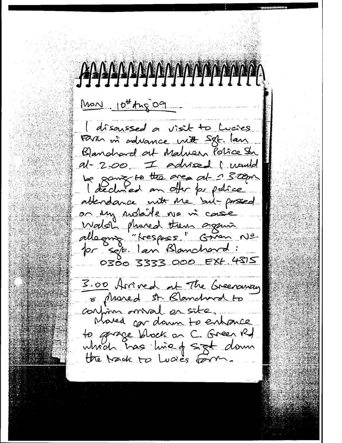A page from Andy Ferguson’s notebook dated 10 August 2009
