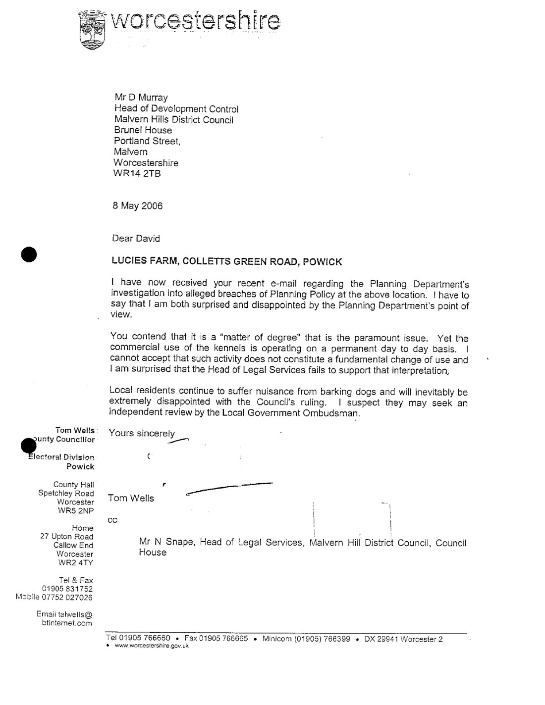 Letter from Councillor Tom Wells to Malvern Hills District Council, 8 May 2006